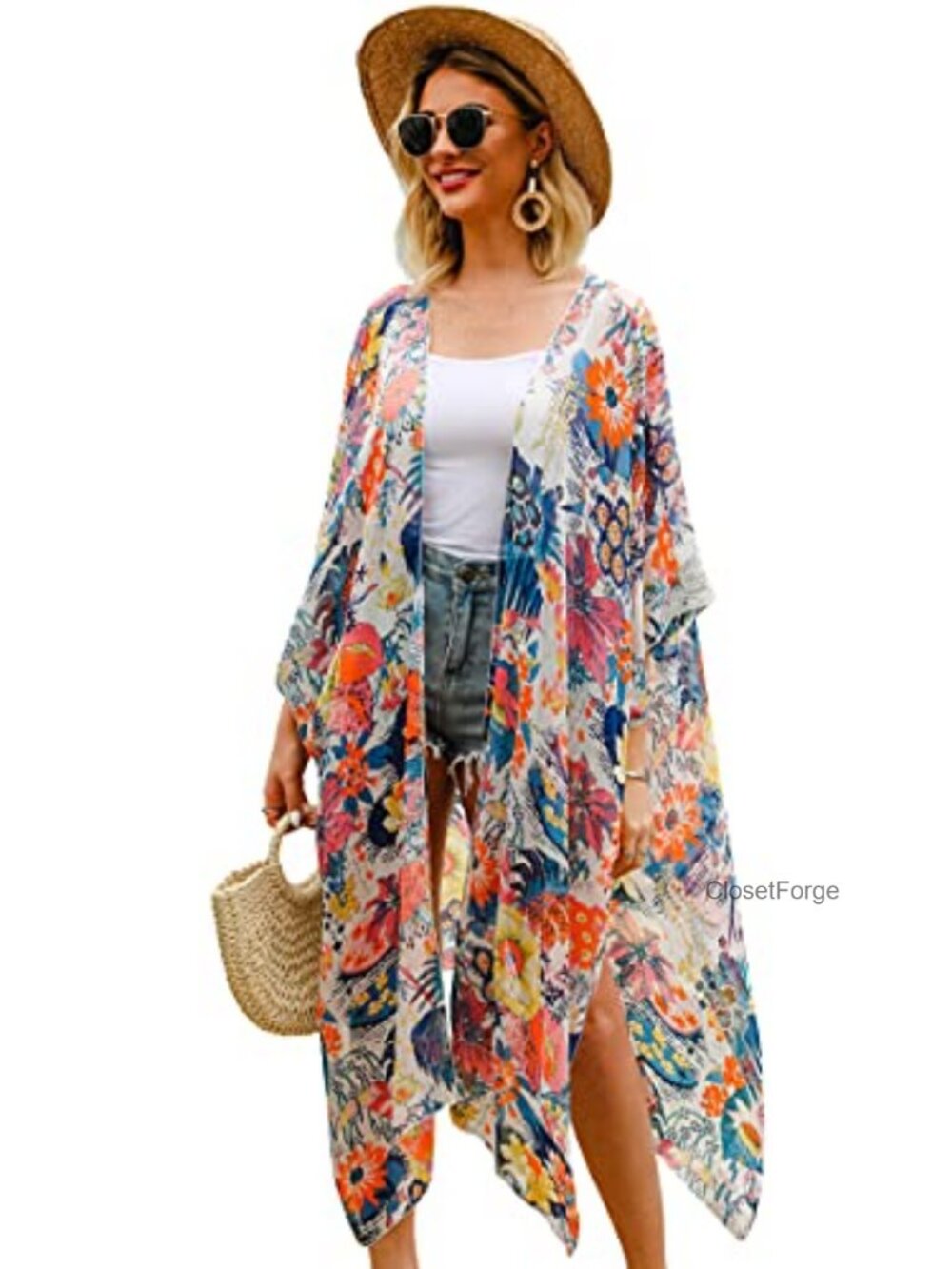 Chiffon Floral Kimono Sheer Swimsuit Coverup Bohemian Beach Cardigan